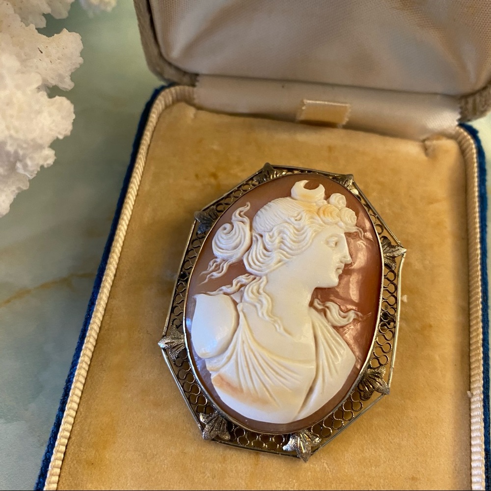 14k Gold Antique Moon Goddess Cameo Brooch